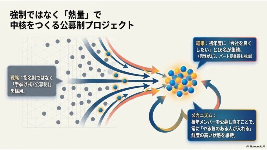DE＆I推進プロジェクトのメンバーを毎年公募し、やる気のある人がいつでも入ってこられる仕組みを維持
